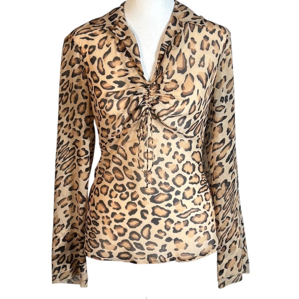 VTG Y2K Leopard Print 100% Silk Sheer Top Sz XS Bell Sleeve Collar Ruched V Neck